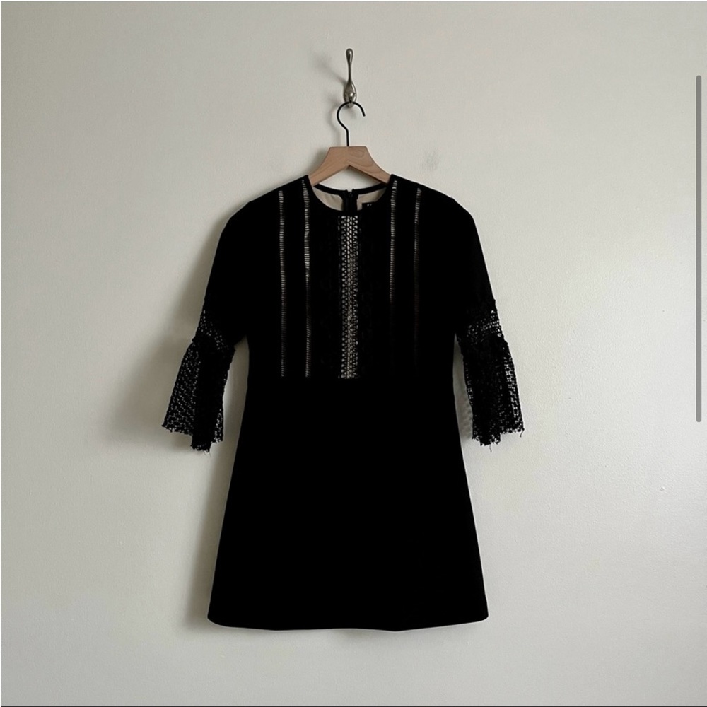 NWT FEW MODA Designer Bell Sleeve Lace Mini Shift Dress Size Medium Black Nude